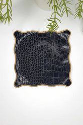 Siyah Suni Timsah Derisi Kumaş Oval Kare Nakışlı Kokteyl Peçetesi 1 Adet